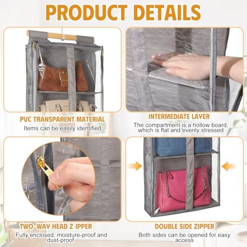 Silkfly 2 Pack Hanging Purse Organizer with Zipper for Closet Handbag Storage PVC Mesh Shelves with 4 Pockets for Bedroom Door Wardrobe Shelf Rack Space Saving(Brown) - Image 3