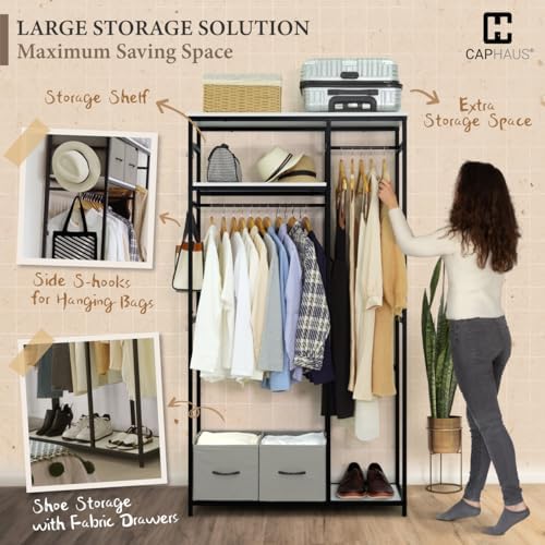 CAPHAUS 550 lbs Capacity Heavy Duty Clothing Rack, 40" W Metal Garment Rack with Drawers Hanging Rods and Wood Shelves Freestanding Closet Organizer, White Board - Image 4