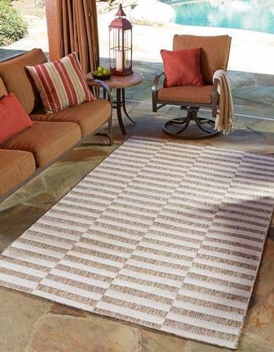 Unique Loom Outdoor Striped Collection Area Rug - Striped (5' x 7' Rectangle Taupe/Ivory) by UniqueLoom