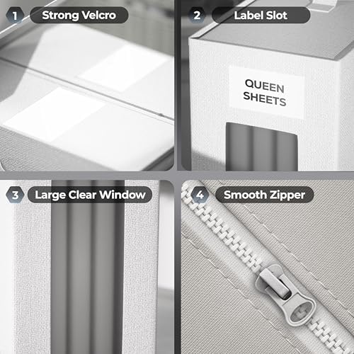 TIMBLE Bed Sheet Organizers & Storage, 10 Pack for King, Queen & Large Sheet Sets, Closet Organizer for Linens, Clothes, Blankets & Bedding, Foldable Fabric Bins with Handle, Name Tag & Window (Beige) - Image 4