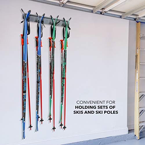 RaxGo Ski Storage Rack, Wall Mounted, Holds 4 Pairs of Skis & Skiing Poles or Snowboard for Home and Garage Storage, Heavy Duty and Rubber-Coated Hooks - Image 6
