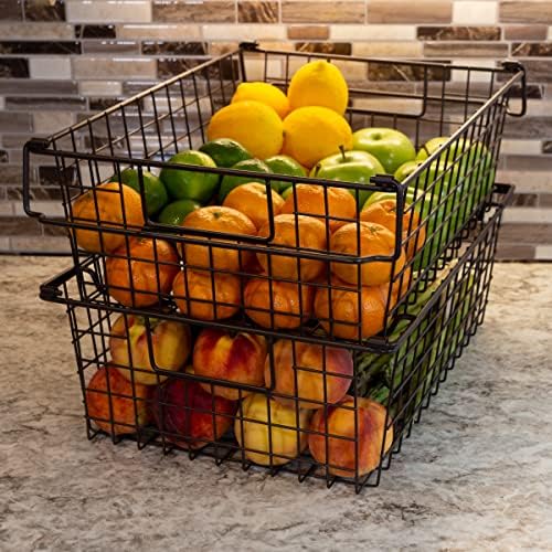 Home-Complete 2 pcs Large Stackable Wire Baskets, 16"x12" Organizer Stacking Storage Bins for Shelf, Pantry, Kitchen, Cabinets, can also be used in Chest Freezers (Brown) - Image 6