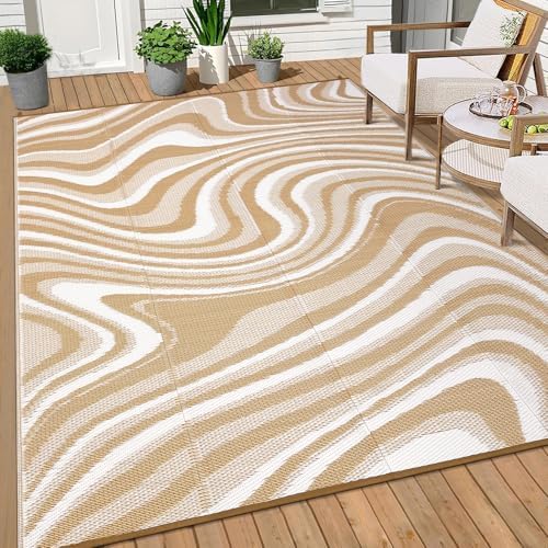 10x20 Large Outdoor Patio Rug Modern Abstarct Plastic Straw Outdoor Rugs Waterproof Foldable UV Resistant Camping Reversible Mats for Deck, Camper, Balcony, Beach, Rv，Brown/Coffee/White - Image 3