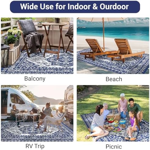 COZYLOOM Outdoor Rug Waterproof 10x14 Reversible Outdoor Plastic Straw Rugs Oriental Medallion Patio Rug Indoor Outdoor Carpet RV Mat for Deck Backyard Patio RV Camping Beach, Dark Blue and White - Image 2