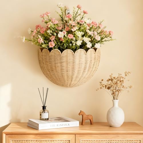 Scalloped Wicker Wall Basket - Rattan Hanging Storage Organizer, Decorative Basket for Nursery, Bathroom, Front Door, Perfect for Flowers, Mail, Toys - Image 4