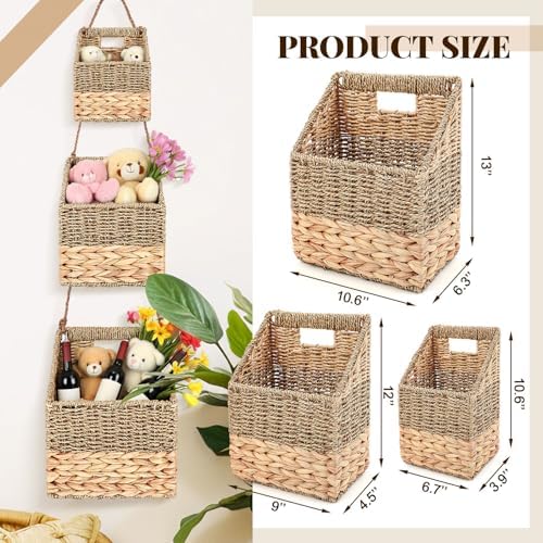 Cinnvoice Set of 3 Wicker Wall Magazine Basket, Magazine Holder Water Hyacinth Storage Baskets for Mail, Files, Books & Accessories Wall-mounted Organizer for Door Home, Office Organization - Image 3