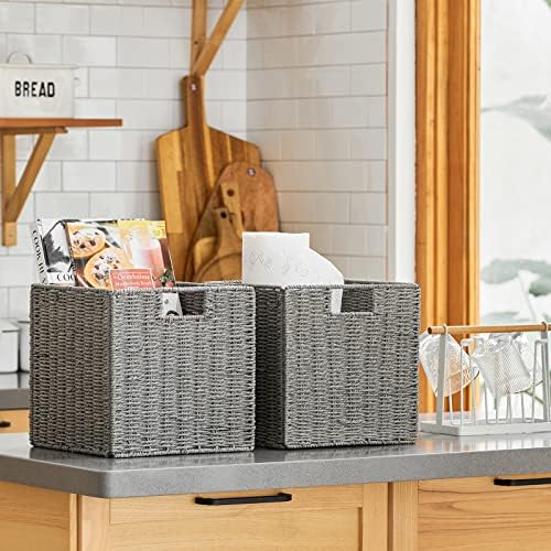 Vagusicc Wicker Storage Basket, Set of 2 Hand-Woven Storage Baskets for Shelves with Handles, Foldable Cube Storage Baskets Bins Organizer 13 inch Large Wicker Baskets for Pantry Bedroom Decor, Grey - Image 4
