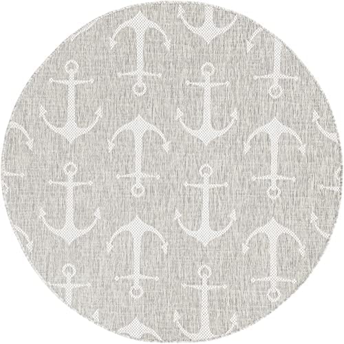 Unique Loom Outdoor Coastal Collection Area Rug - Ahoy (5' 3" Round, Gray/ Ivory) - Image 3