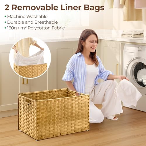 GREENSTELL Storage Basket with Lid, 27.7 Gallon(105L) Lagre Wicker Blanket Storage Basket with Handles, Foldable, 2 Removable Liner Bags, Metal Frame, for Bedroom, Laundry Room, Natural - Image 6
