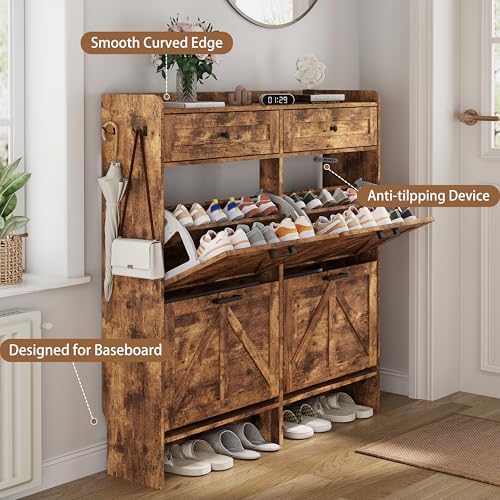 Shoe Cabinet with 4 Flip Drawers & 2 Top Drawers, 43" Tall Freestanding Narrow Wooden Shoe Storage Organizer for Entryway, Hidden Slim Shoe Rack for Front Door Entrance, Hallway, Living Room, Brown - Image 5