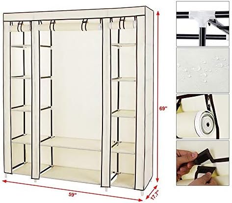 Knocbel Portable Closets Freestanding Closet Organzier Clothes Garment Rack Dustproof & Waterproof Fabric Cover with Storage Shelves & 1 Hanging Rod, 58" W x 17" D x 68.9" H Beige - Image 3