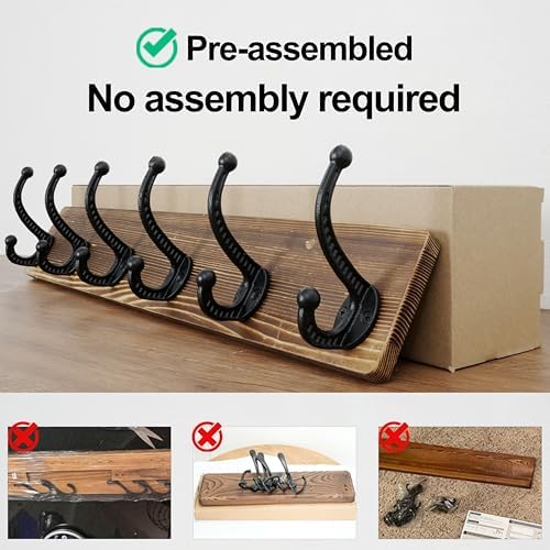 WEBI Rustic Coat Rack Wall Mount,24" Long 6 Cast Iron Coat Hooks Wall Mounted,Heavy Duty Wood Wall Coat Hanger Hooks for Hanging Coats,Jacket,Clothes,Backpack,Farmhouse,Brown,2 Packs - Image 5