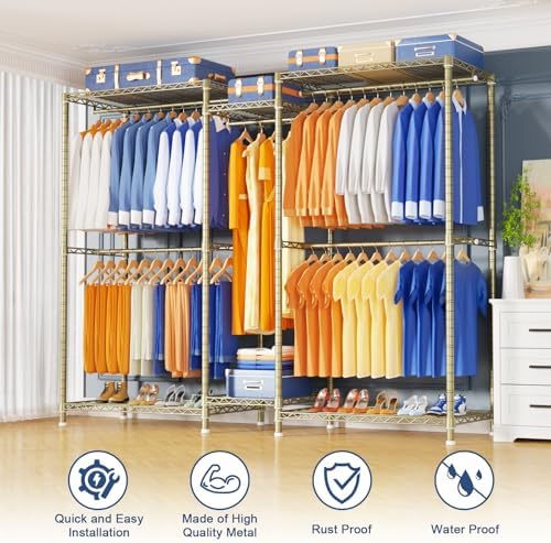 Ulif E12 Pro Clothes Rack，Heavy Duty Freestanding Garment Rack with Shelves，Metal Clothing Closet Storage System for Hanging Clothes，71" W x 16" D x 76.5" H, Hold 960 lbs，Gold - Image 3