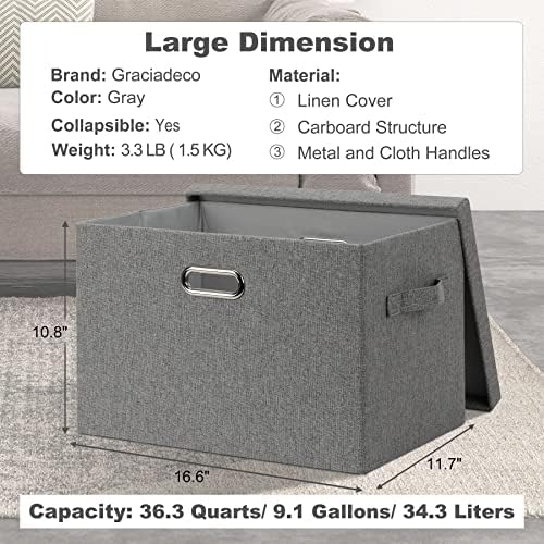 Graciadeco Large 17" 36 Quart Collapsible Stackable Storage Bins with Lids, 5 Packs Gray Foldable Fabric Closet Storage Boxes with Lids, Heavy-duty Linen Cube Baskets(17 x 12 x 11) - Image 2