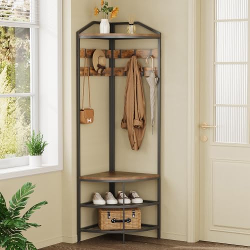 GiftGo Corner Hall Tree with Shoe Bench Entryway Coat Rack with 10 Metal Movable Hooks Floor Standing Clothes Rack Shoes Shelf Organizer for Home Office Bedroom (Rustic Brown) by GiftGoDirect