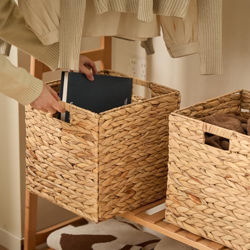 Handwoven Water Hyacinth Storage Baskets set of 4 Foldable Cube Bins Storage Oragnizer for Cabinet Shelf Bedroom Living Room (Natural, 13" L x 13" W x 13" H) - Image 7