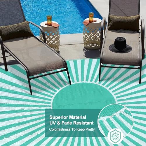 Wonnitar 8x10 Outdoor Rug Waterproof - Large Reversible Patio Rugs, Lightweight Plastic Straw Patios Mat for RV, Portable Outdoor Camping Carpet for Deck Picnic (Blue-Green, 8'x10') - Image 4