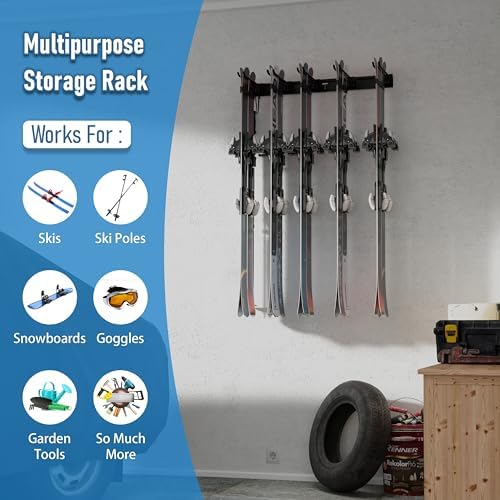 USA Based Ski Rack Wall Mount, Holds 10 Pairs for Ski Storage Rack, Snowboard Hanger & Ski Holders for Wall Storage Racks for Garage, Ski Hangers for Wall Holds Up to 125lbs, 5 Hooks Black - Image 4
