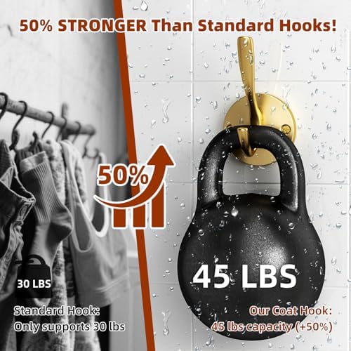 Coat Hooks for Hanging Coat Hooks for Wall Mounted Brass Wall Hooks Heavy Duty Brushed Robe Closet Hooks for Hanging Coats Entryway Metal Towel Hooks for Bathrooms (12, Gold) - Image 2