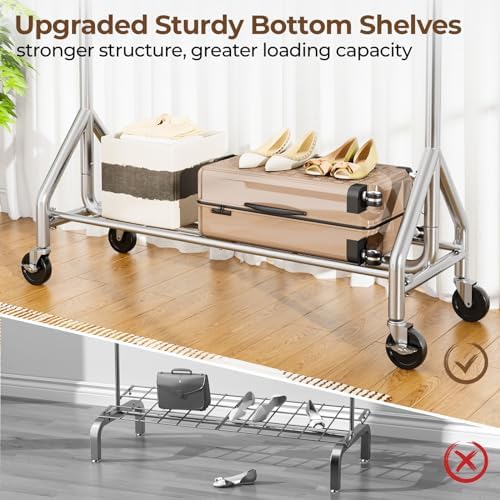 HYSEYY Heavy Duty Clothes Rack Load 450 LBS, Metal Garment Rack, Standing Rolling Clothing Rack for Hanging Clothes with Sturdy Wheels & Shelves, Portable Closet Wardrobe Rack,Sliver - Image 5