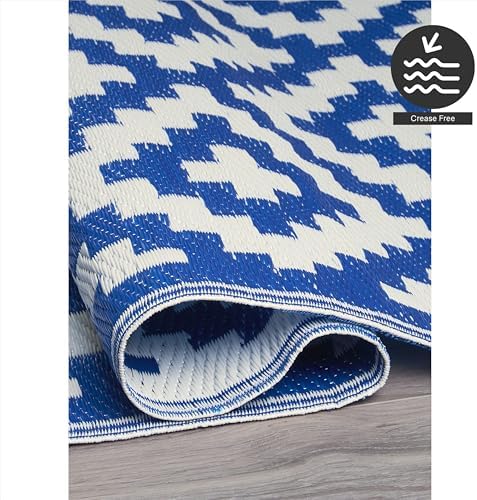 FH Home Outdoor Rug - Waterproof, Fade Resistant, Reversible - Premium Recycled Plastic - Geometric - Large Patio, Deck, Sunroom, Camping, RV - Aztec - Blue & White Crease Free - 6 x 9 ft - Image 6
