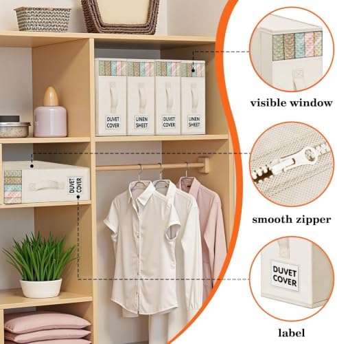 WOWBOX Sheet Organizers and Storage,Closet Bed Sheet Organizer Under Bed Storage and Organization with Label Cards & Clear Window for Bedding Sheets,Duvet Covers,Blankets (10 Pack，Beige) - Image 2