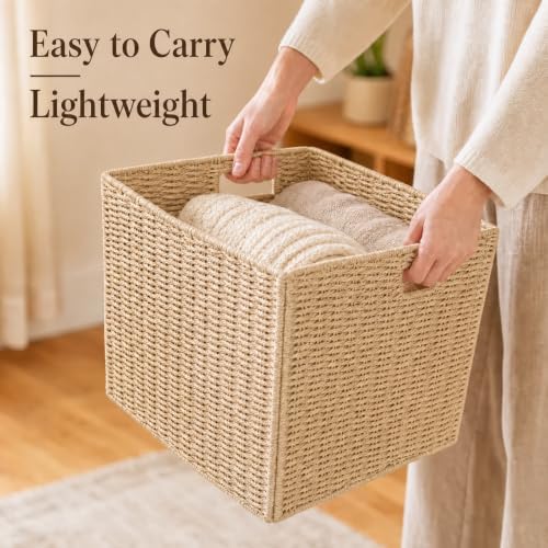 13x13x13 Inch Wicker Storage Basket Set of 2, FAAYUCK Handwoven Storage Cube Bins with Handle for Shelves, Foldable Wicker Organizer Basket for Bedroom, Laundry, Livingroom - Image 5