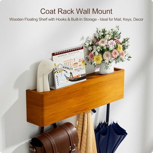 Key Holder Wall Mount with Shelf - Wooden Entryway Organizer with 4 Hooks for Keys, Coats & Hats - Wall Mounted Coat Rack for Hallway, Bathroom, Bedroom - Brown, 2-Pack - Image 6
