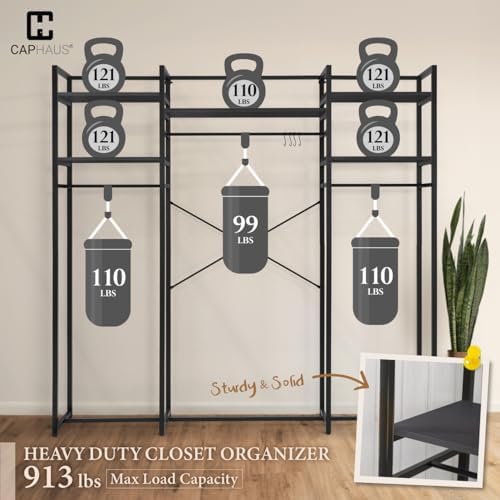CAPHAUS 913lbs Capacity Garment Rack for Hanging Clothes, Heavy Duty Open Wardrobe w/Hanging Rods, Free Standing Closet Organizer, Clothing Rack, Metal Closet w/Wooden Boards, Black Vintage Board - Image 3