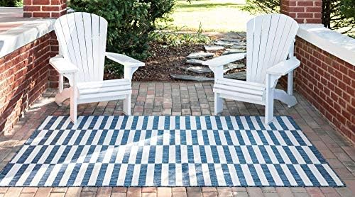 Unique Loom Outdoor Striped Collection Area Rug - Striped (5' 1" x 8' Rectangle, Blue/Ivory) - Image 3