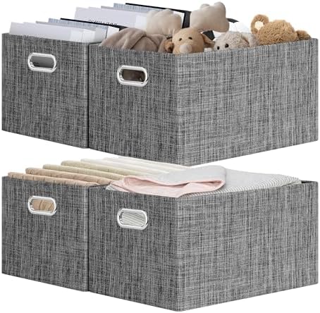 Posprica Closet Storage Bins, 4 Pack Closet Shelf Organizers, Linen Fabric Decorative Storage Baskets for Organizing, Foldable Storage Box for Clothes, 15x10.5x8.25 Inch (Black) by Posprica