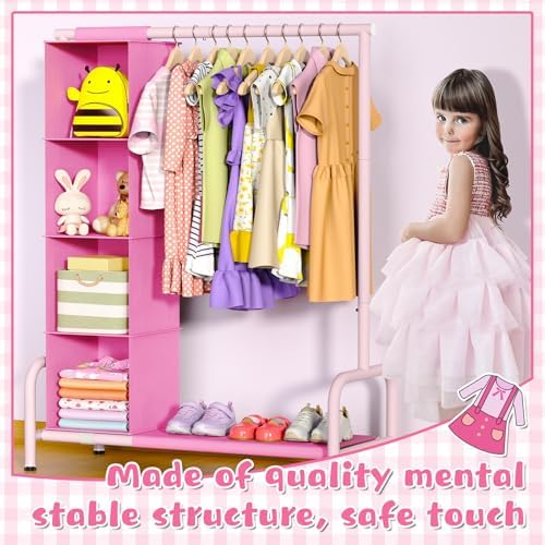 Univivi Kids Clothing Rack with Hanging Organizer, 43 Inch Tall, Pink - Image 6