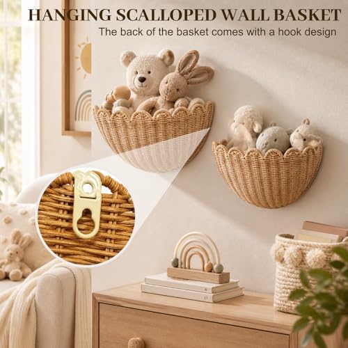 Scalloped Wall Basket, Wicker Wall Baskets, Hanging Wicker Basket, Handwoven Wall Mounted Storage Basket - 15.76 x 10 x 7 Inch, for Bathroom Bedroom Kitchen Entryway Decor - Image 4