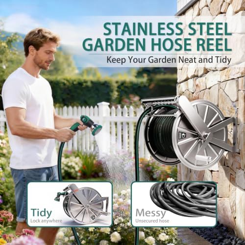 Stainless Steel Garden Hose Reel with 5/8" x 100 ft Heavy Duty Hose, Wall Mount Water Hose Holder, Hose Reels with Crank Handle for Outside, Lawn, Yard, Garage - Image 2