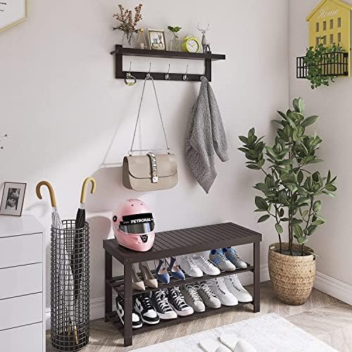SMIBUY Coat Hooks with Shelf Wall-Mounted, 29.2 Inch Entryway Coat Rack for Wall, Bamboo Hanging Shelf with 5 Double Metal Hooks for Bathroom, Bedroom, Kitchen, Living Room, Mudroom (Dark Brown) - Image 3