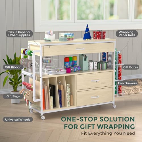 Wrapping Paper Storage & Organizer, Craft Cart with Ribbon & Gift Bag Storage, Wrapping Paper Organizer Holder(3 Wooden Drawers- Oak) - Image 2