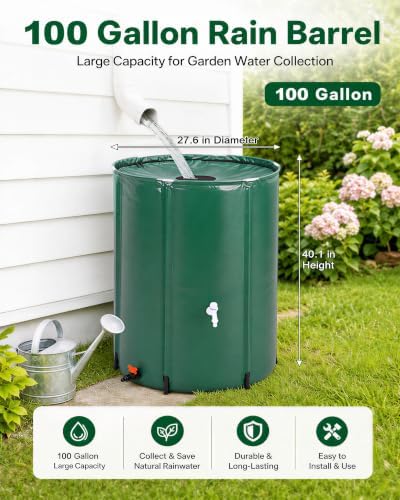 100 Gallon Collapsible Rain Barrel, Portable Rainwater Collection System, Water Storage Tank, Rain Catcher Barrel with Two Spigots and Overflow Kit, Rain Water Barrel Collector for Garden, Green - Image 3