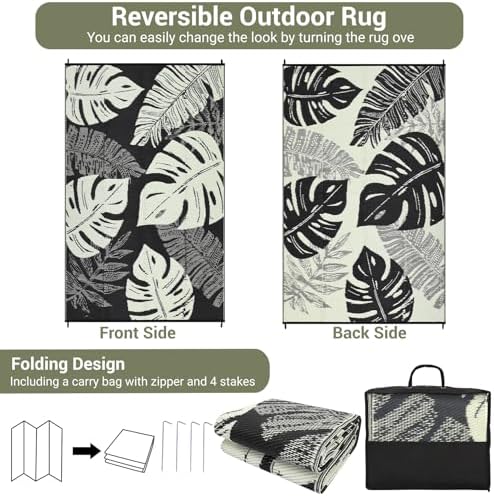 Waterproof 9x12 Outdoor Rug for Patio Reversible Plastic Straw Rug Leaves Camping Carpet with Carry Bag, Stain & UV Resistant Portable RV Carpet for Camper Deck Balcony Porch Beach Picnic,Black - Image 2
