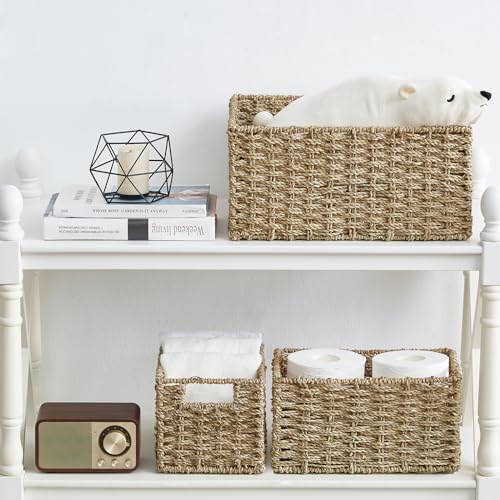Vagusicc Wicker Basket, Seagrass Wicker Storage Basket with Built-in Handles, Baskets for Organizing, 15'' Large Storage Baskets for Shelves with Liner bathroom organizer (3-Pack Seagrass Baskets Set) - Image 3