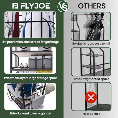 FLYJOE Golf Bag Organizer Storage Golf Bag Rack for Two Golf Bags with Clubs Holder and Golf Equipment Accessories Movable Lockable Wheels for Garage - Image 5