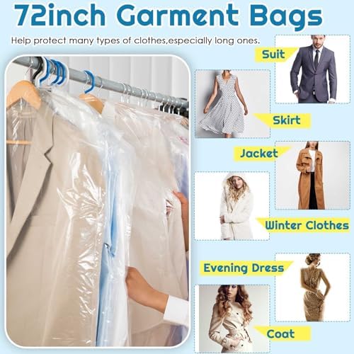 Patelai 40 Pcs 72/40inch Dry Cleaning Bags Extra Long Garment Bags for Hanging Clothes Dry Cleaner Plastic Garment for Launderette Wedding Dresses Suits Coats - Image 3