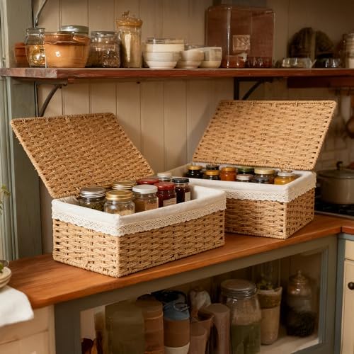 Nonam Rattan Divided Storage Basket with Lid, Set of 3, Natural - Image 5