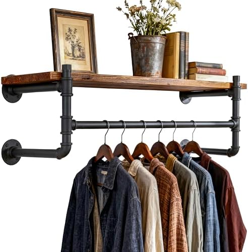WEBI Wall Mounted Clothes Rack with Shelf,30" Industrial Pipe Clothing Rack with Shelf with Hanging Rod,Heavy Duty Iron Garment Rack Bar,Retail Display Clothes Rod for Laundry Room,Closet,Black by WEBI