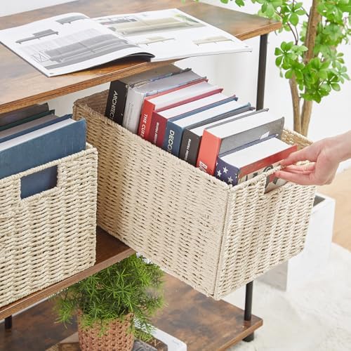 Vagusicc Wicker Storage Basket, Set of 2 Hand-Woven Paper Rope Wicker Basket, Small Storage Baskets for Organizing Toilet Paper Baskets, Foldable Large Cube Storage Organizer Bin for Shelves (Beige) - Image 4