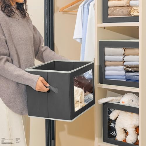 Homsorout Stackable Storage Bins with Lids - Large Storage Box with Lids, Foldable Closet Boxes for Organizing, Wardrobe Clothes Organizer with Window, Cubes Bins for Living Room, 6 Pack, Dark Grey - Image 3
