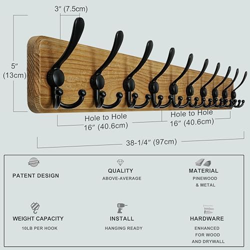 Dseap Coat Rack Wall - Heavy-Duty 38-1/4" Long, with Reinforced 10 Custom Tri-Hooks, Solid Wood Wall Hanger for Coats Hat Jackets - Rustic Farmhouse Entryway Storage,Weathered Brown & Black,Pack of 2 - Image 5