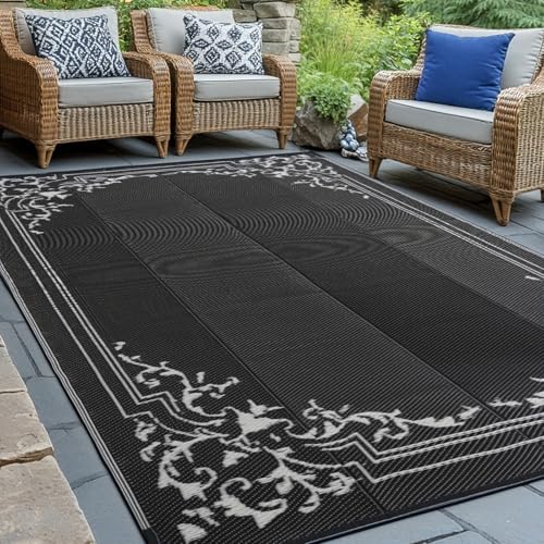 wikiwiki 9x18ft Outdoor Rug, Reversible Plastic Patio Rug Waterproof, Indoor Outdoor Carpet Clearance, Large Area Carpet for Patio Deck Balcony Pool RV Camping Beach Picnic, Classic Black by WikiwikiPatioUmbrellas