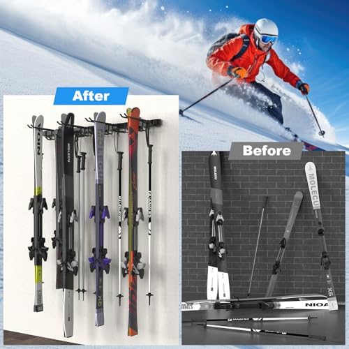 48'' Ski Rack Wall Mount,12 Pairs Ski Holders for Wall with Movable Rubber-Coated Hooks for Garage Storage Organizer System, Snowboard Wall Mount for Garage and Home Shed, Holds Up to 880lbs - Image 6
