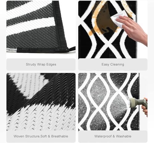 wikiwiki Outdoor Rug, 9x12ft Waterproof Reversible Mat Indoor Outdoor Rugs Carpet, Small Area Rug Plastic Straw Rug for Patio Deck Balcony Pool RV Camping Beach Picnic, Black & White, Rugscape Series - Image 6