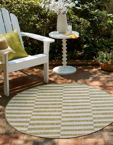Unique Loom Outdoor Striped Collection Area Rug - Striped (5' 1" Round Green/Ivory) - Image 4